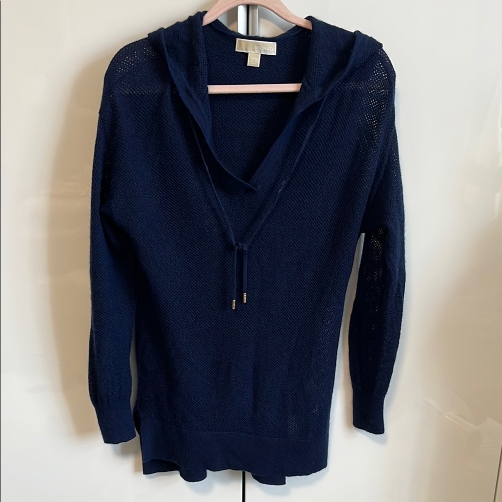 NWOT MICHAEL KORS Navy Blue Long Cashmere Hooded Sweater, Size XXS